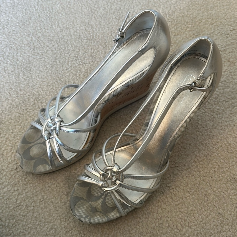 Coach Silver Joslin Silver Leather & Cork Wedges Sz 11